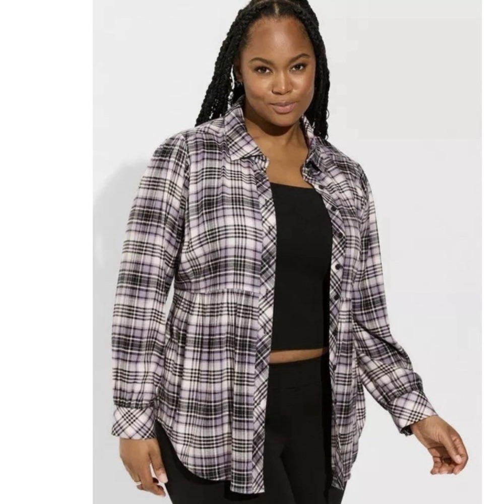 Torrid Soft Flannel Tie Back Button Up Tunic Purple Plaid Size 1X